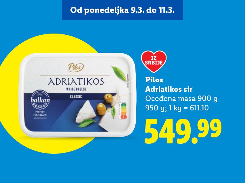 Pakovanje belog sira sa natpisom „Adriatikos“ i cena 549.99.