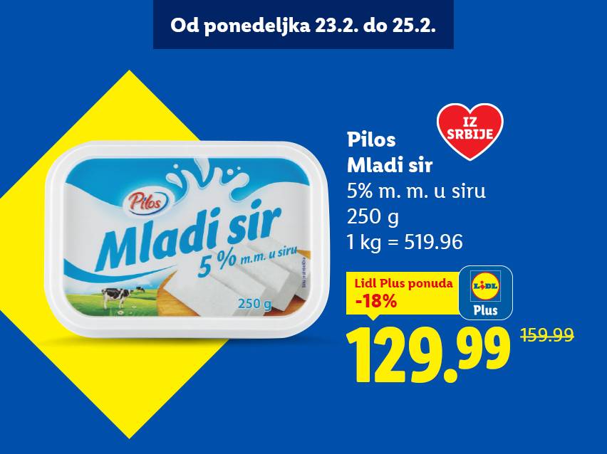 Mladi sir 5% m.m. u pakovanju od 250g, sa cenom od 129.99 dinara, snižen sa 159.99 dinara.