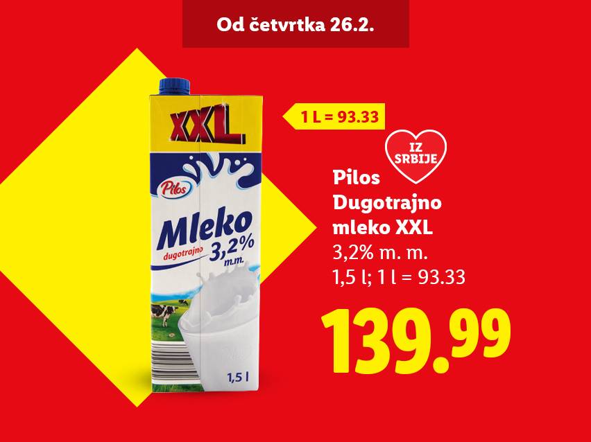 Pakovanje dugotrajnog mleka XXL sa 3,2% mlečne masti, 1,5 l, po ceni od 139,99.