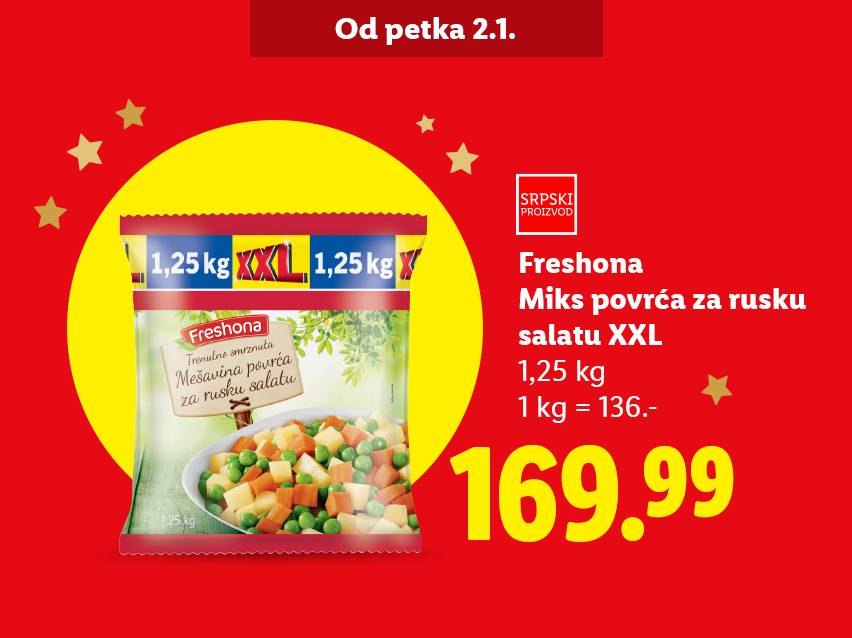 Freshona mešavina povrća za rusku salatu XXL, 1,25 kg, po ceni od 169.99 dinara.