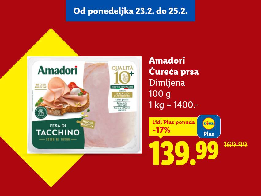 Dimljena ćureća prsa u pakovanju od 100g, sa cenom od 139.99 dinara.