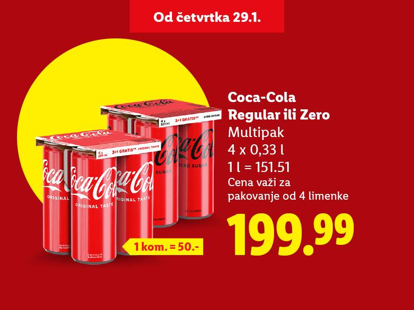 Pakovanje od 4 limenke gaziranog pića, regular ili zero, sa cenom od 199.99 i naznakom 3+1 gratis.