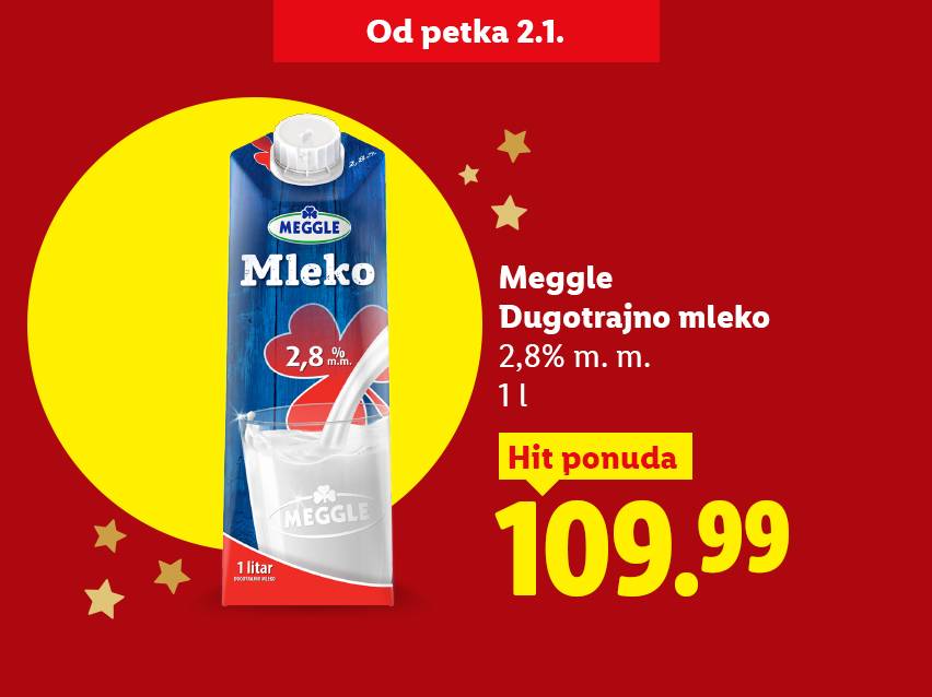 Meggle dugotrajno mleko 2,8% m.m. 1L, cena 109.99 RSD.