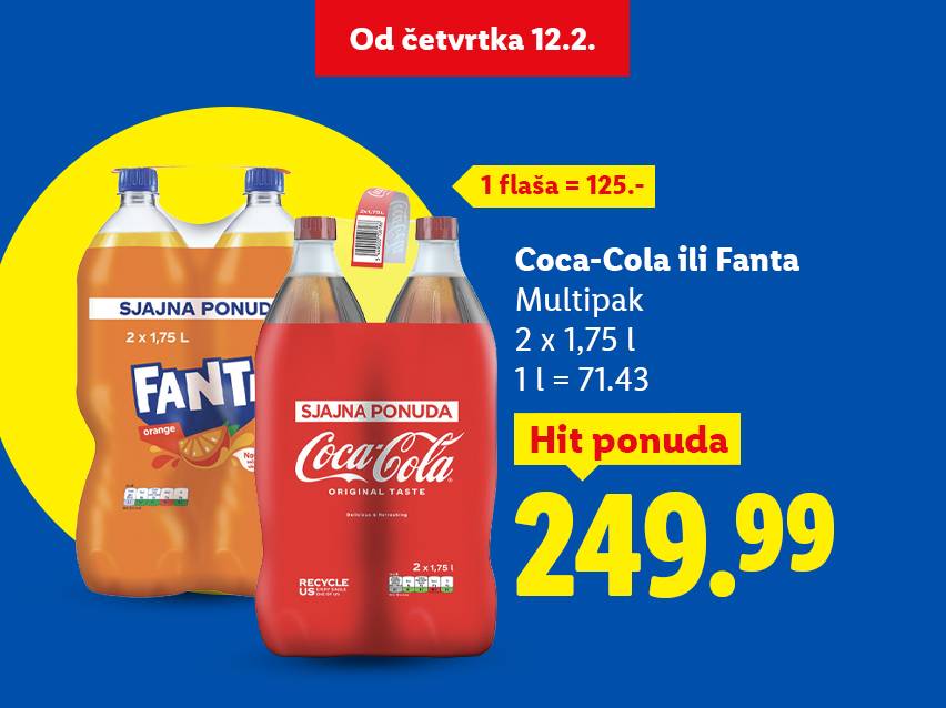 Promotivna ponuda za gazirana pića, pakovanje od 2x1.75L za 249.99, sa cenom po flaši od 125.