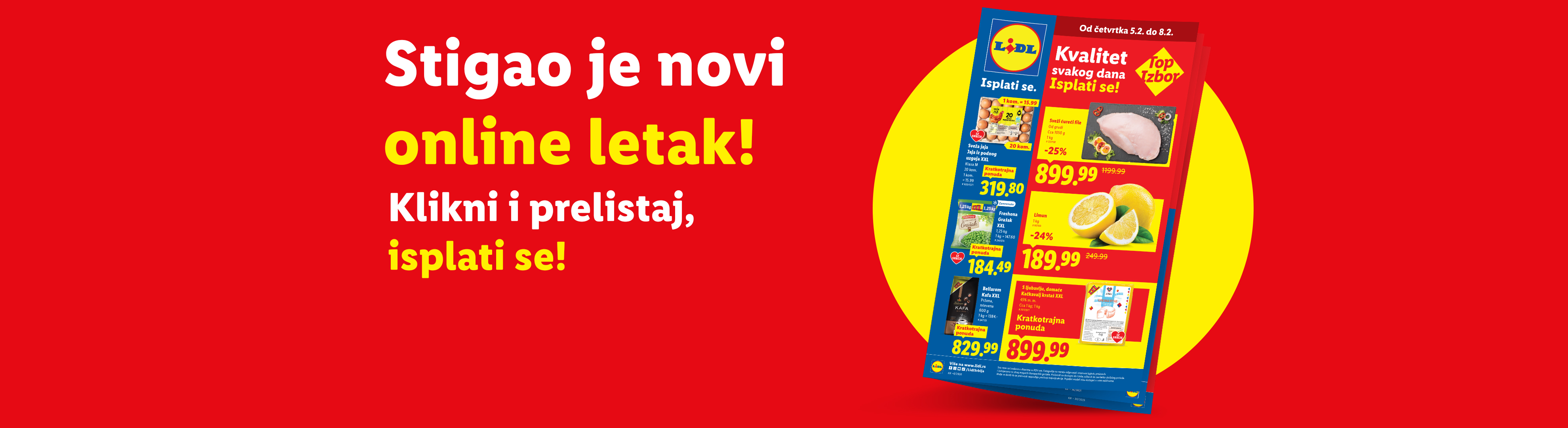 Lidl letak sa ponudama za sveže meso, jaja, limun i grašak, sa natpisom „Stigao je novi online letak! Klikni i prelistaj, isplati se!“