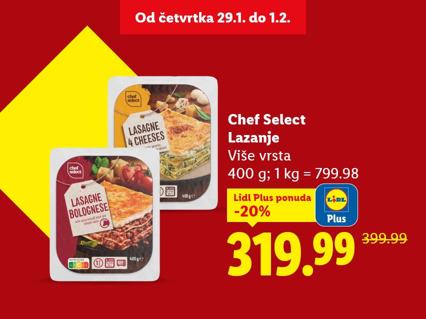 Ponuda lazanja sa četiri vrste sira i bolonjeze, 400g, sniženo 20% na 319.99 dinara.