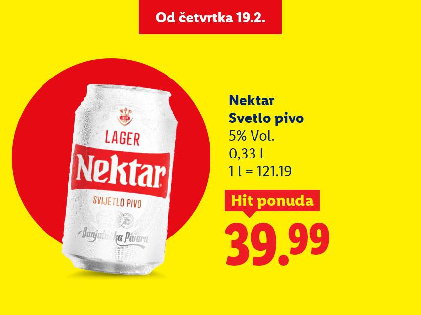 Ponuda svetlog piva u limenci od 0,33l sa 5% alkohola, dostupna od četvrtka 19.2. po ceni od 39.99.