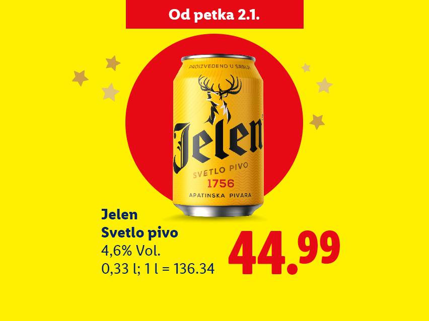 Jelen Svetlo pivo, 0,33l, 4,6% Vol. za 44.99 dinara, dostupno od petka 2.1.