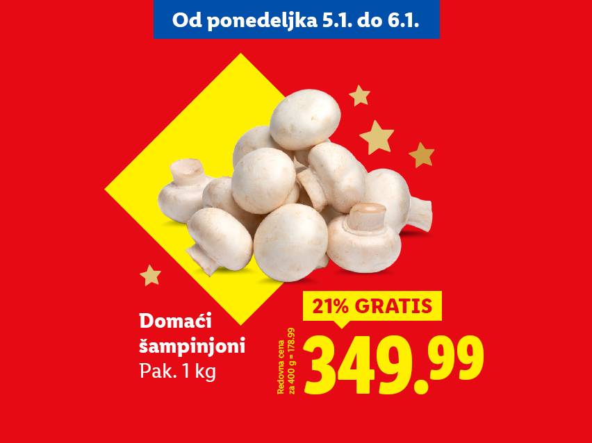 Domaći šampinjoni, pakovanje od 1 kg, sa 21% popusta, cena 349.99.
