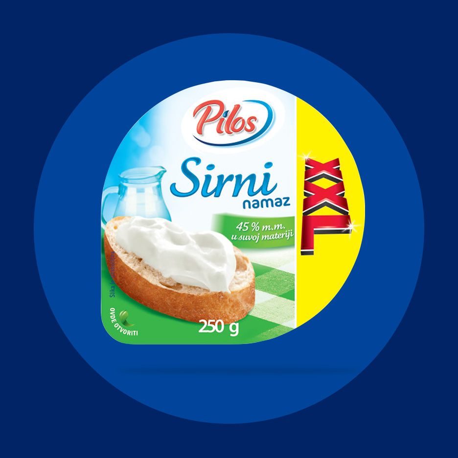 Pakovanje krem sira sa natpisom 'Sirni namaz', 45% mlečne masti, 250g, i oznakom XXL.