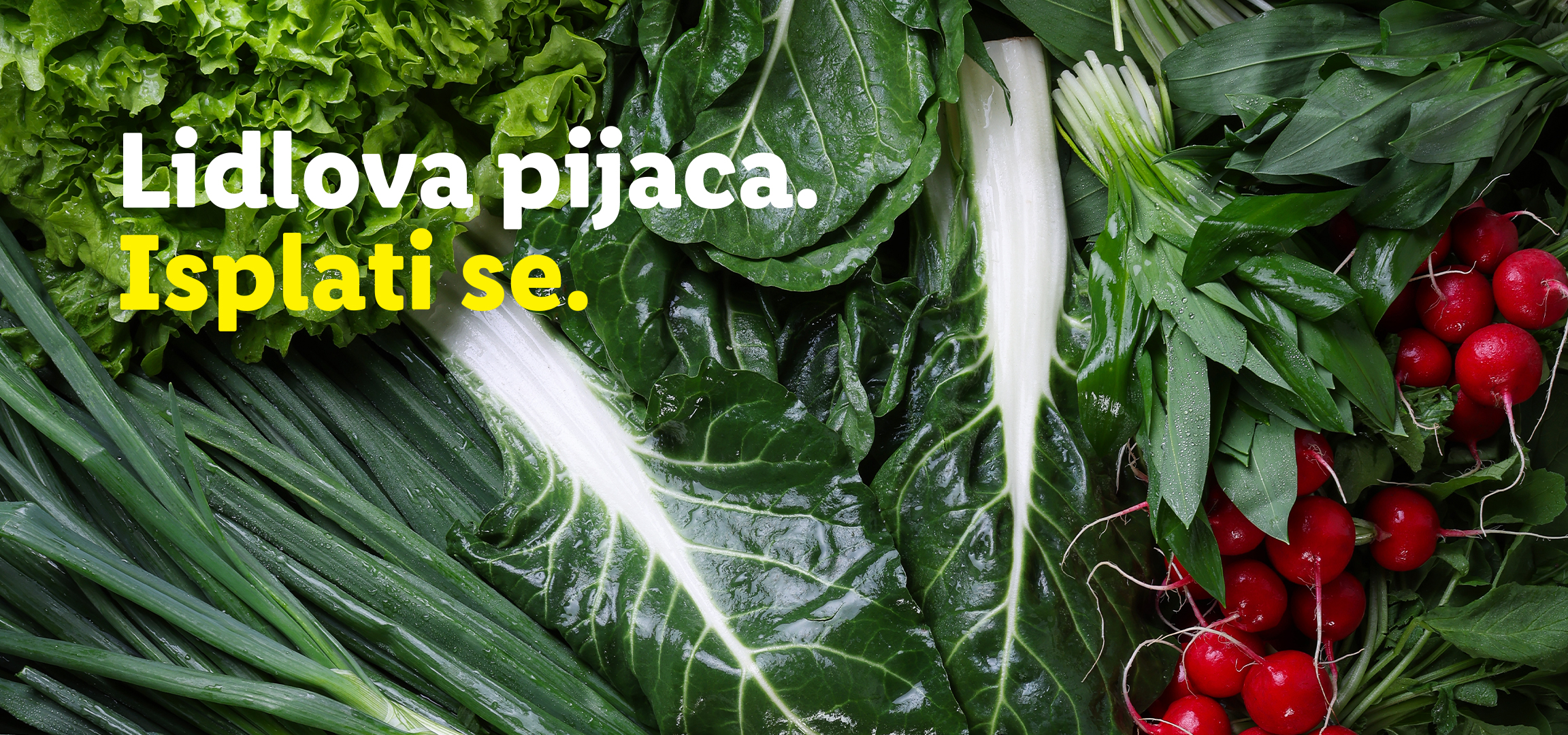 Sveže zeleno povrće i rotkvice sa tekstom: 'Lidl pijaca. Isplati se.'