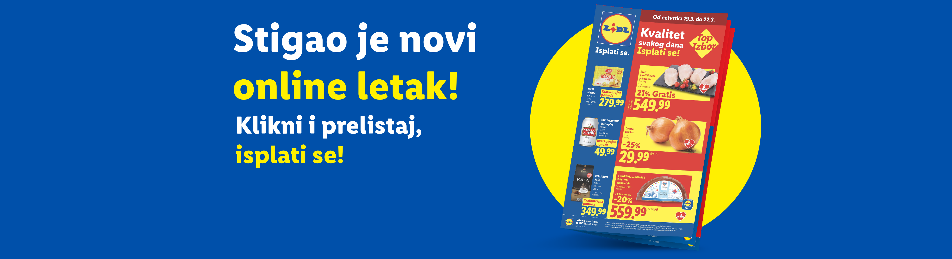 Lidl online letak sa ponudama za maslac, piletinu, pivo, luk, kafu i sir.