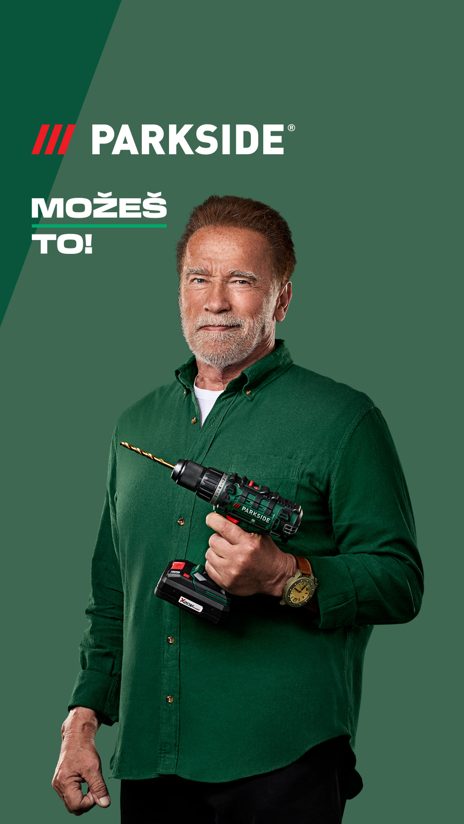 Arnold Švarceneger drži bušilicu, sa tekstom 'MOŽEŠ TO!' iznad.