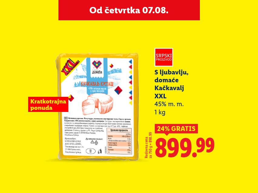 Reklama za domaći kačkavalj XXL od 1 kg sa popustom od 24% za 899,99 dinara.
