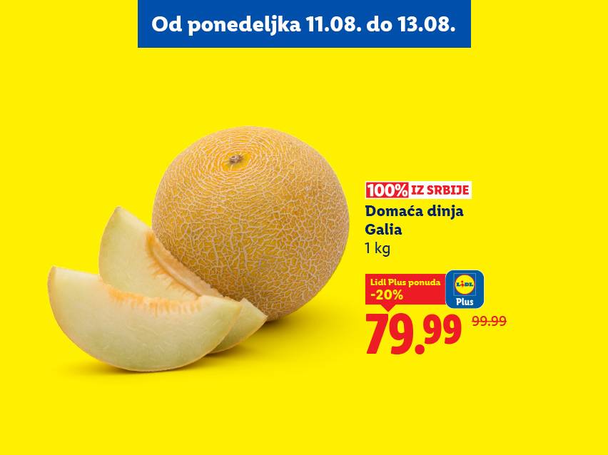 Reklama za Lidl sa dinjom Galia, 1 kg, po ceni od 79.99 dinara, sniženo sa 99.99 dinara.