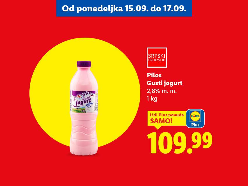 Reklama za Pilos gusti jogurt od 1 kg, sa cenom od 109.99 dinara, važi od 15. do 17. septembra.