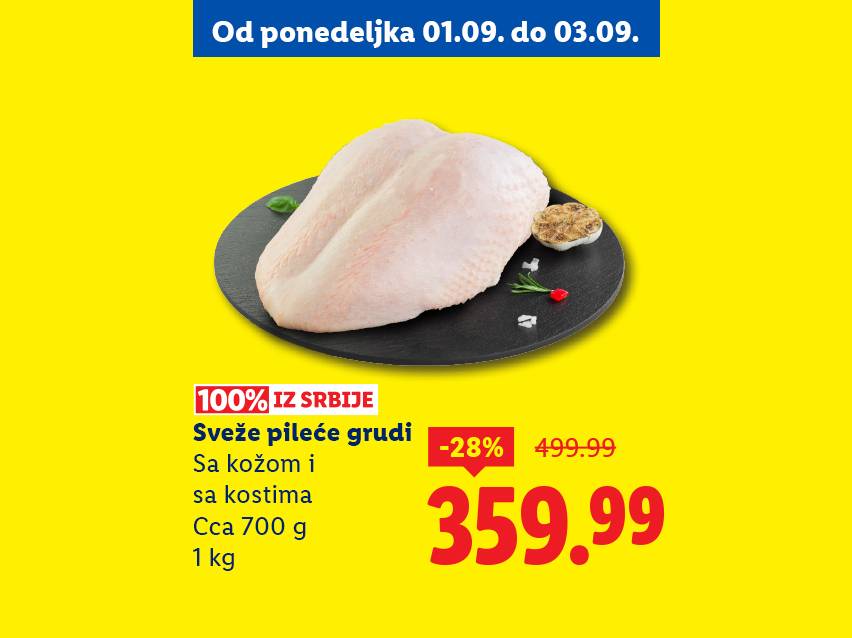 Sveža pileća prsa sa kožom i kostima, 100% iz Srbije, na akciji.