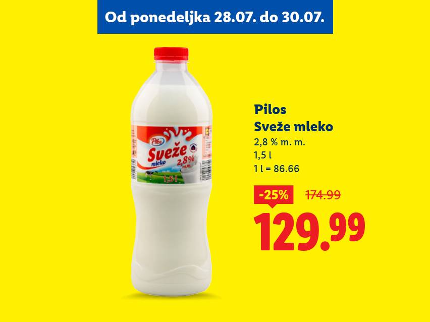 Pilosa sveže mleko (1,5l) na akciji -25%, cena 129,99.