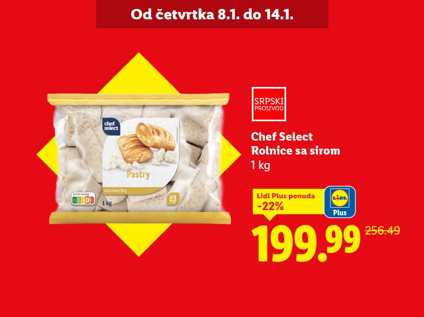 Chef Select Rolnice sa sirom, 1 kg, snižene 22% na 199.99 RSD uz Lidl Plus.