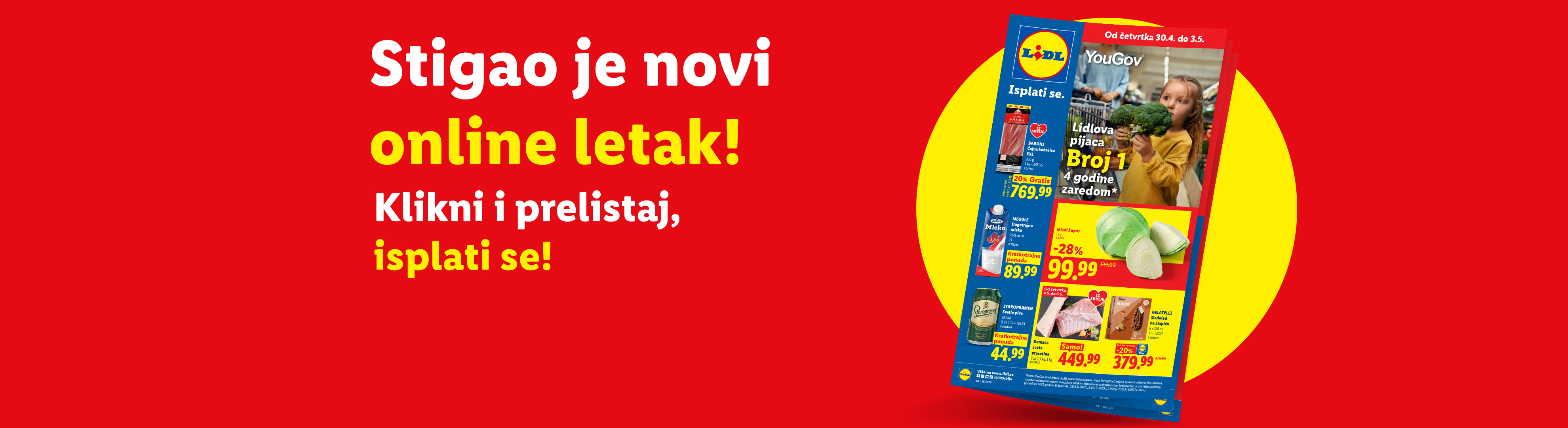 Lidl letak sa ponudama za suhomesnate proizvode, mleko, kupus, pivo, svinjetinu i sladoled.