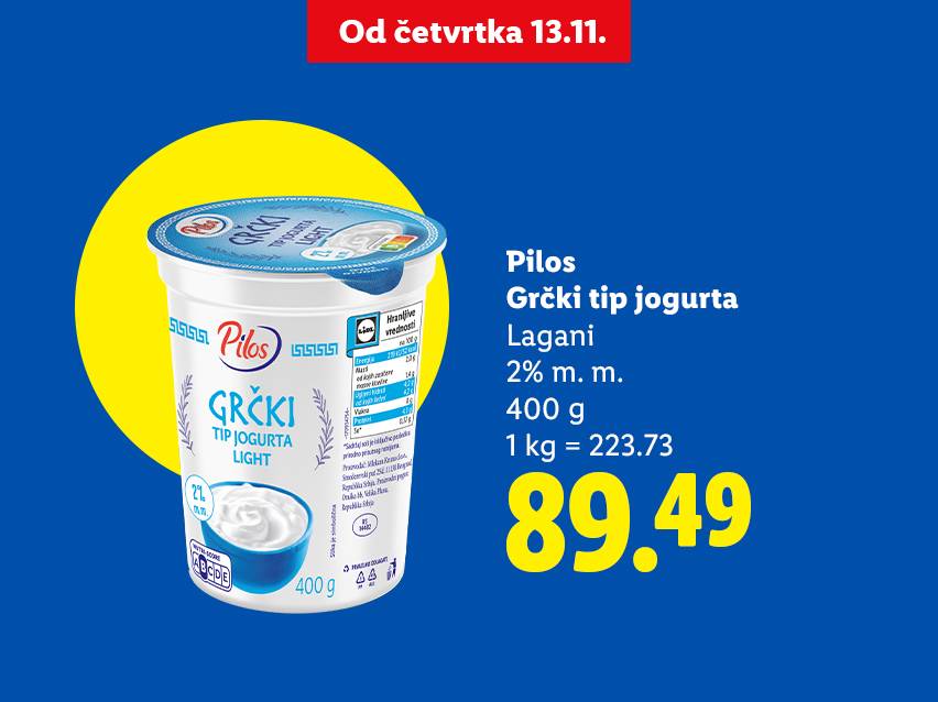 Pilos Grčki tip jogurta, lagani, 2% m.m., 400g, po ceni od 89.49 dinara.