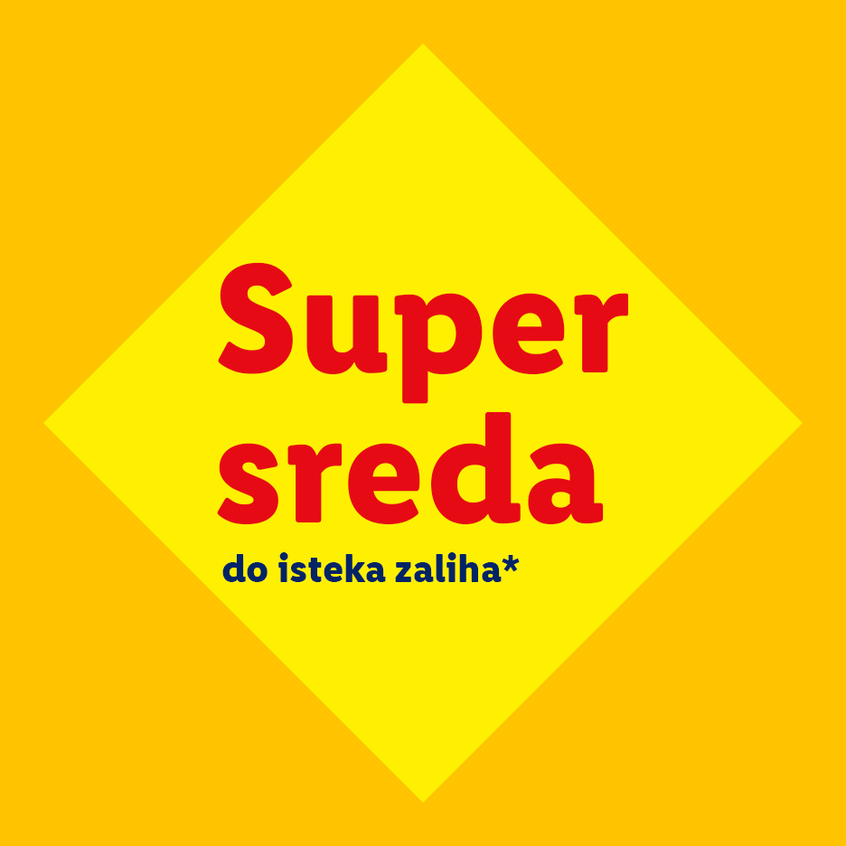 Žuti romb sa crvenim tekstom 'Super sreda' i plavim tekstom 'do isteka zaliha*' na narandžastoj pozadini.