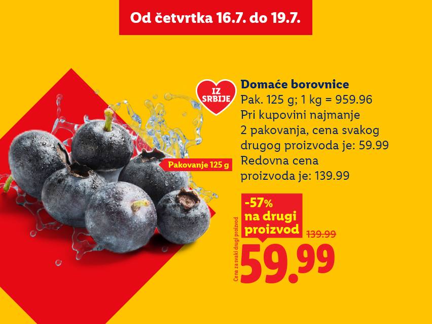 Promocija borovnica iz Srbije, pakovanje od 125g, drugi proizvod 59.99 RSD.