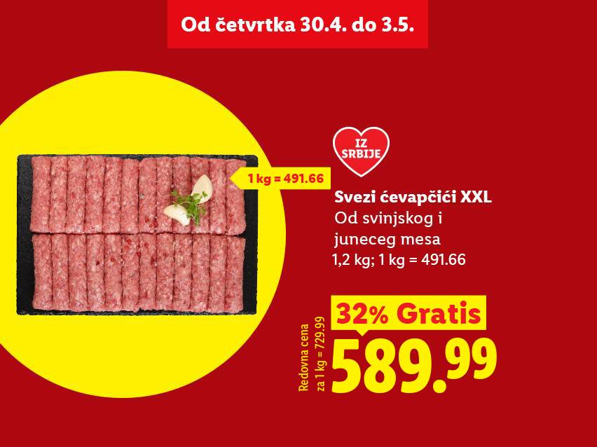 Sveži ćevapčići XXL od svinjskog i junećeg mesa, 1,2 kg, sa 32% gratis i cenom od 589.99.