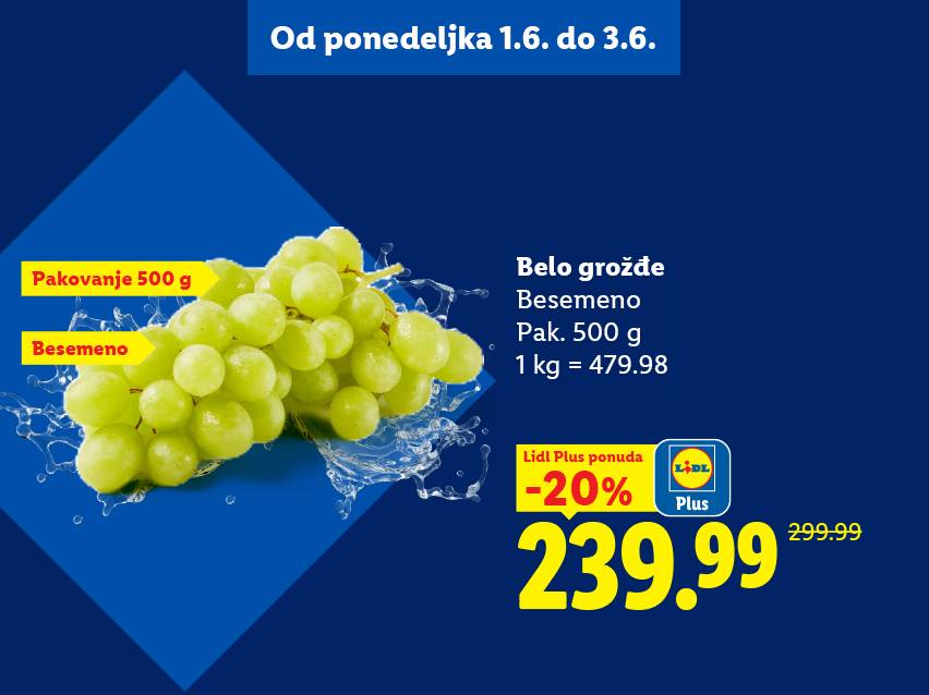 Ponuda belog grožđa bez semena, pakovanje od 500g, sa popustom od 20% za 239.99.