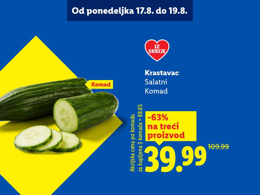 Akcija krastavaca od 17. do 19. avgusta, sa popustom od 63% na treći proizvod.