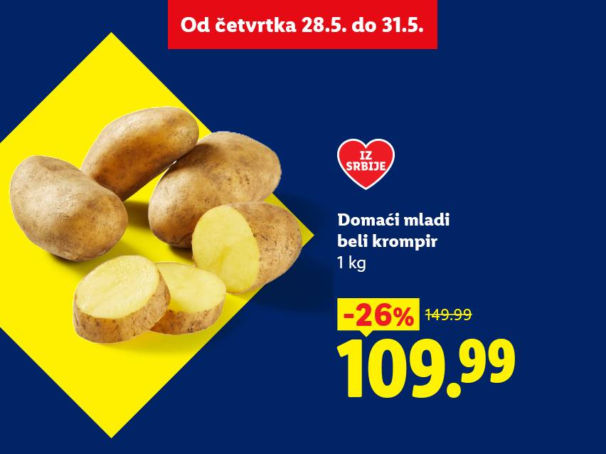 Mladi beli krompir iz Srbije, snižen 26% sa 149.99 na 109.99, ponuda od 28.5. do 31.5.