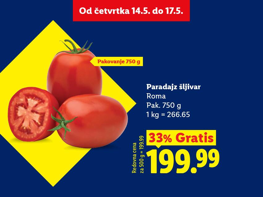 Reklama za paradajz šljivar, pakovanje od 750g, sa 33% popusta, cena 199.99.