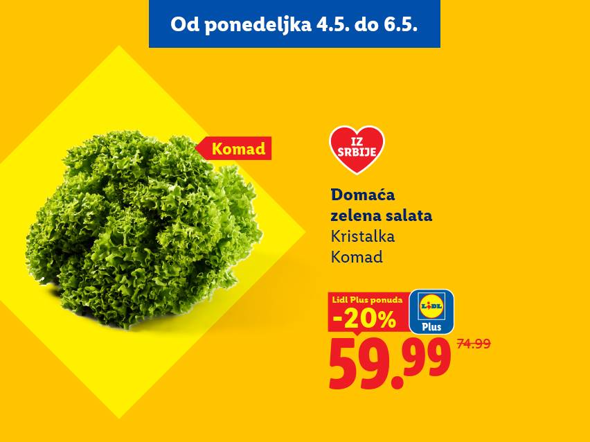 Lidl ponuda: Domaća zelena salata Kristalka, komad, snižena 20% na 59.99 RSD.
