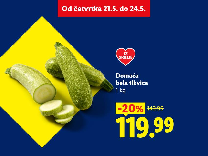 Domaća bela tikvica, 1 kg, sa popustom od 20%, sada 119.99, važi od 21.5. do 24.5.