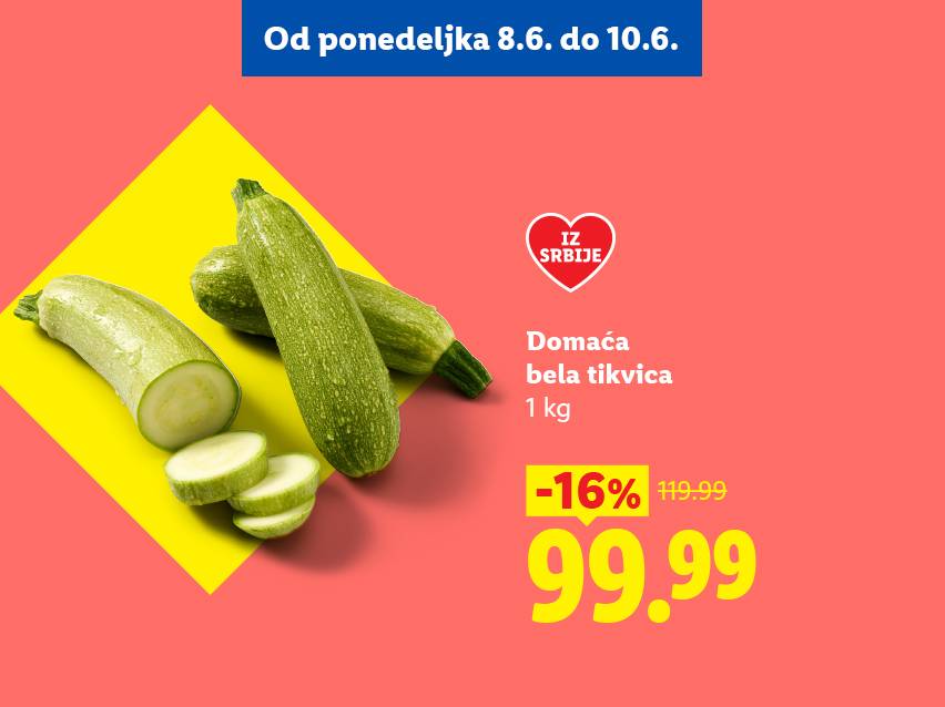 Domaća bela tikvica, 1 kg, snižena 16% sa 119.99 na 99.99, ponuda od 8.6. do 10.6.