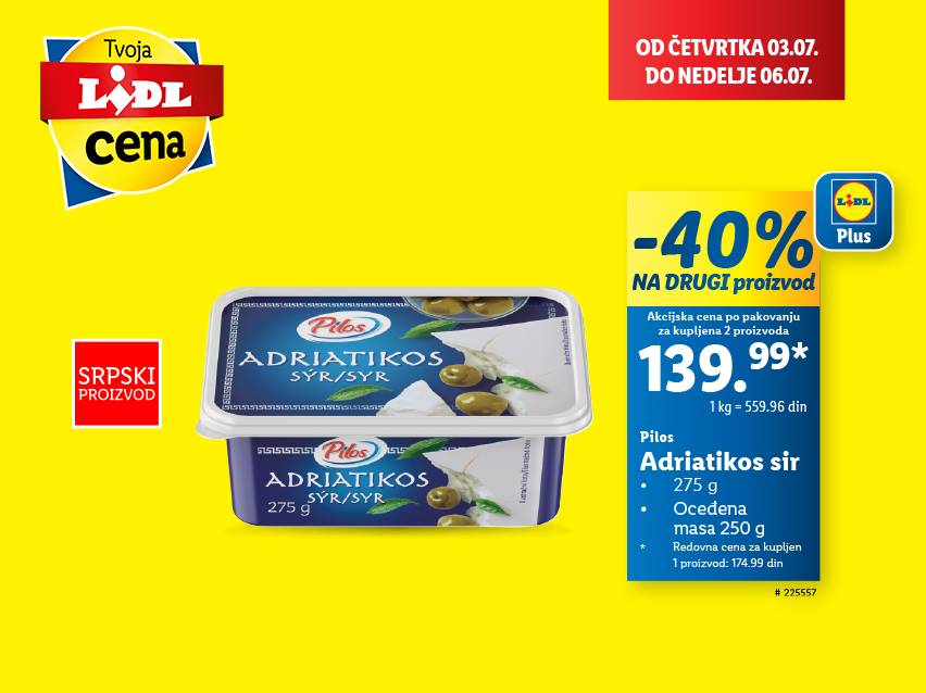Lidl akcija: Pilos Adriatikos sir, 275g, -40% na drugi proizvod.