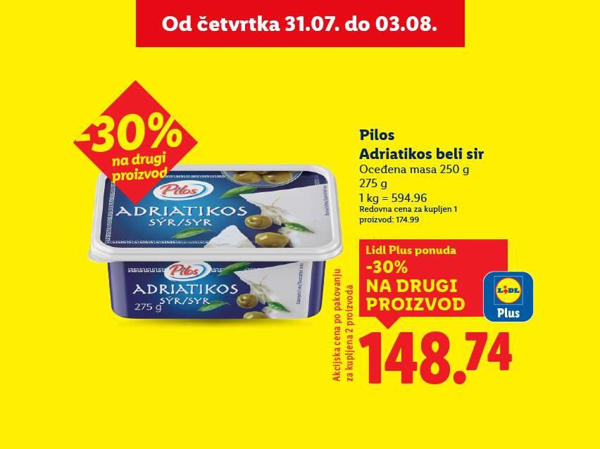 Lidl Plus ponuda: Pilos Adriatikos beli sir, 30% popusta na drugi proizvod.