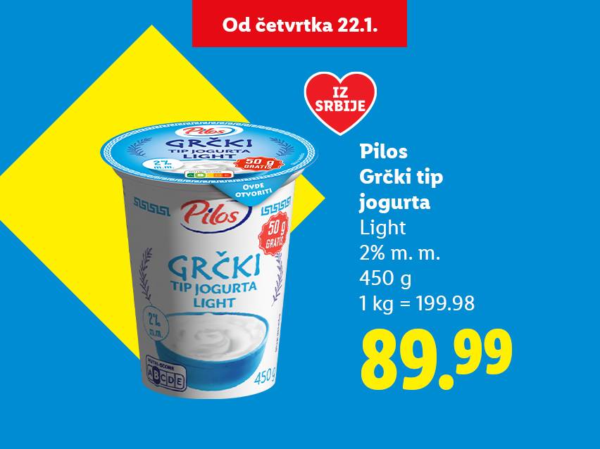 Reklama za grčki tip jogurta sa 2% mlečne masti, 450g, po ceni od 89.99, dostupan od četvrtka 22.1.