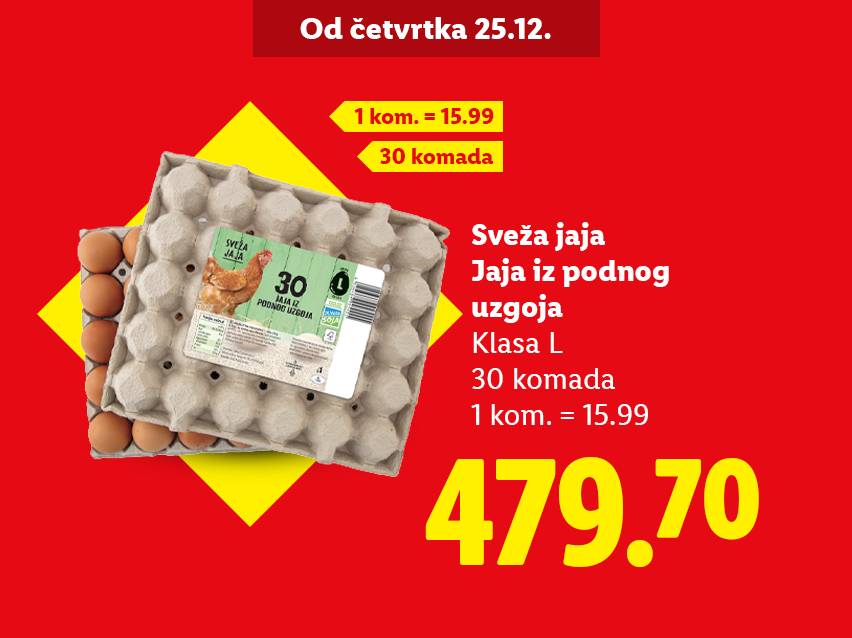 Pakovanje od 30 svežih jaja klase L iz podnog uzgoja, sa cenom od 479.70.