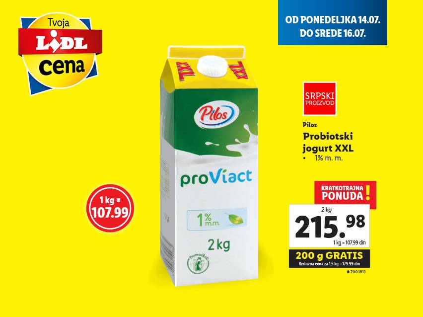 Lidl akcija: ProViact probiotski jogurt XXL 2kg, 1% mm, 200g gratis.