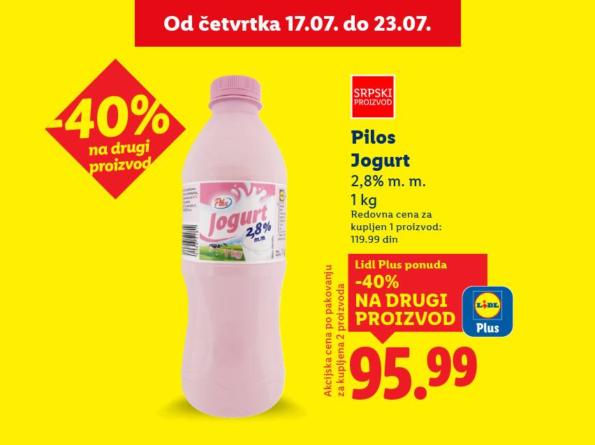 Lidl Plus ponuda: Pilos jogurt 2,8% mm, 1kg za 95,99 din, -40% na drugi proizvod.