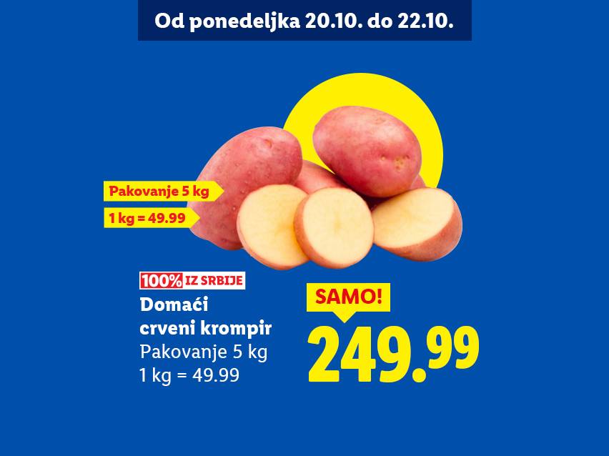 Domaći crveni krompir, pakovanje 5 kg za 249.99 dinara, akcija od 20.10. do 22.10.