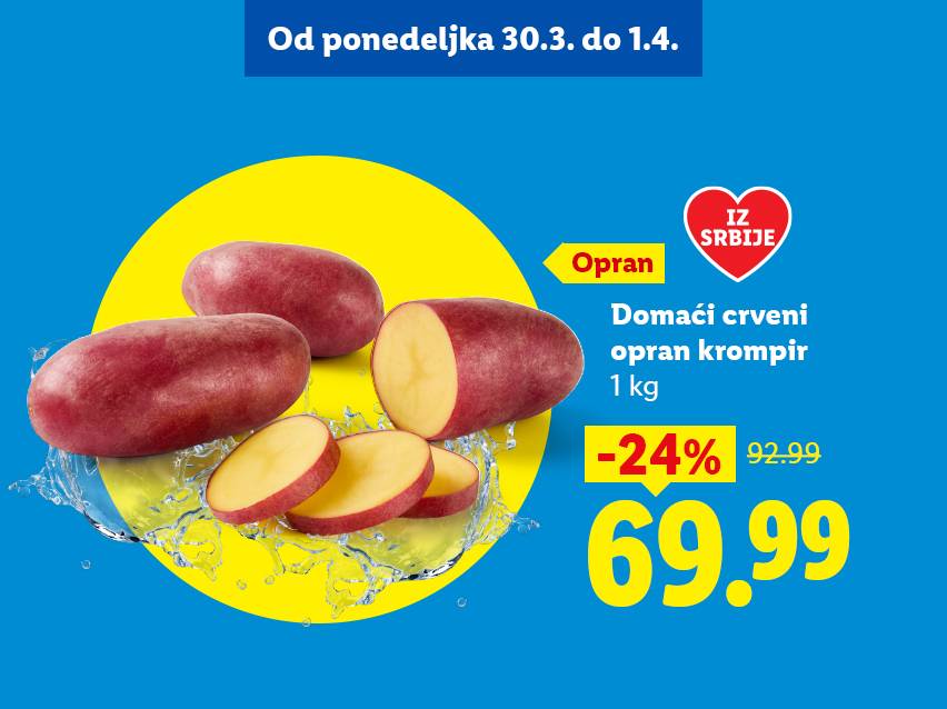 Crveni krompir u pakovanju od 1 kg, sa popustom od 24% i cenom od 69.99, dostupan od 30.3. do 1.4.