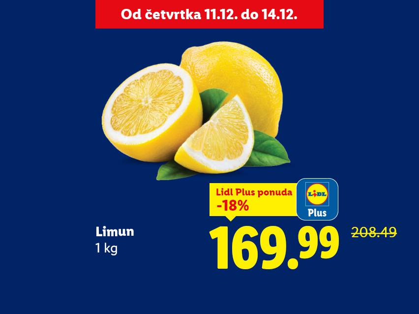 Lidl ponuda limuna, 1 kg, sa popustom od 18% za 169.99 RSD, važi od 11. do 14. decembra.