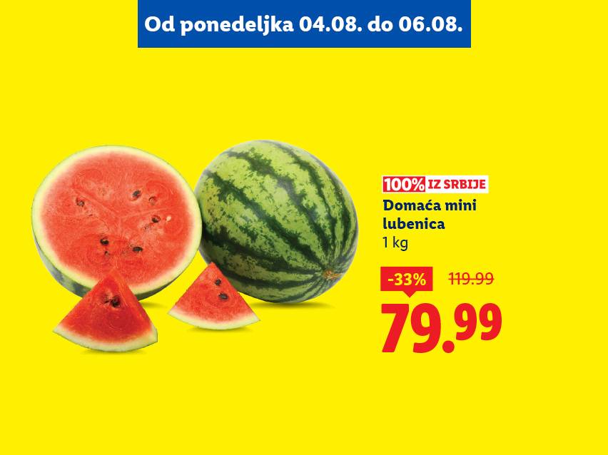 Domaća mini lubenica (1kg) na akciji: 79.99 dinara.