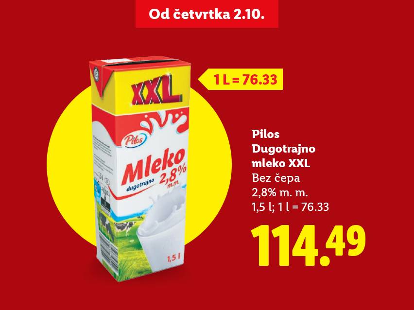 Pilos dugotrajno mleko XXL, 1,5 l, 2,8% m.m., bez čepa, po ceni od 114.49.