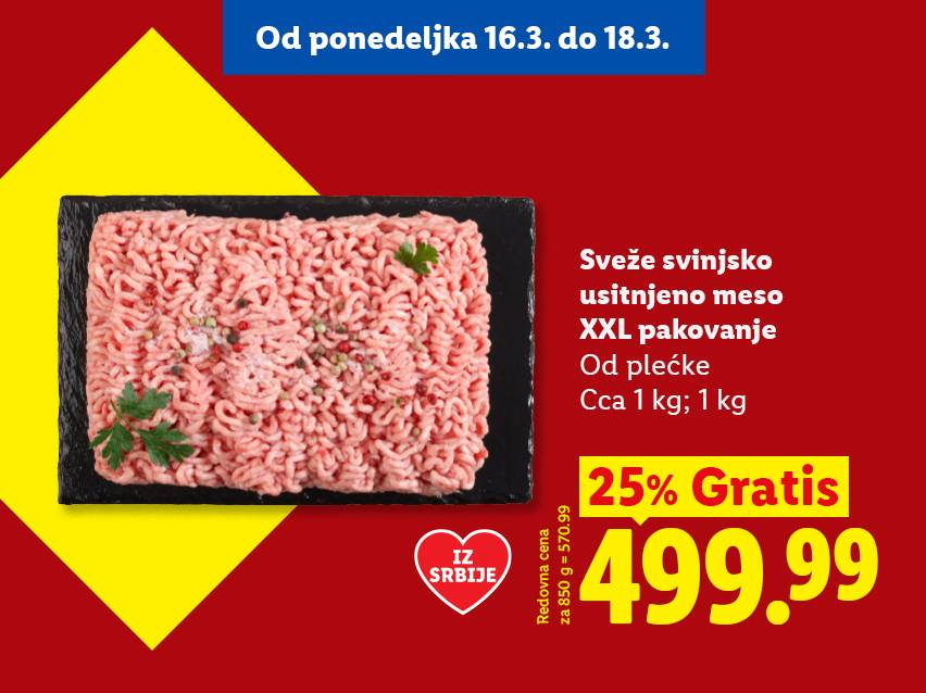 Sveže svinjsko usitnjeno meso XXL pakovanje, 1 kg, sa 25% gratis, po ceni od 499.99 dinara.