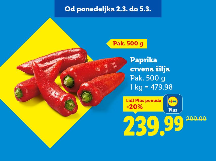 Akcija crvenih šilja paprika, pakovanje od 500g, sa popustom od 20% za korisnike Lidl Plus aplikacije.
