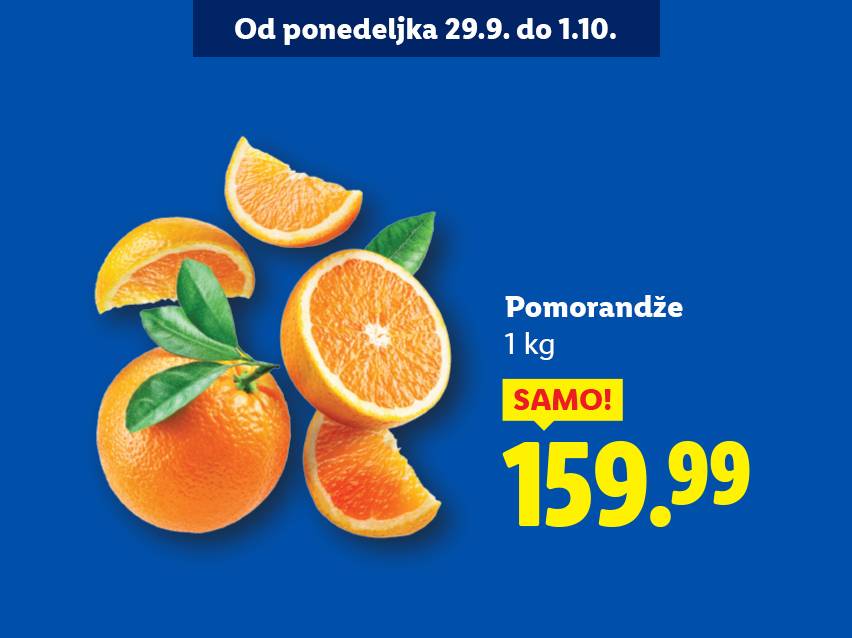 Reklama za pomorandže sa cenom od 159.99 dinara za 1 kg, važi od 29.9. do 1.10.