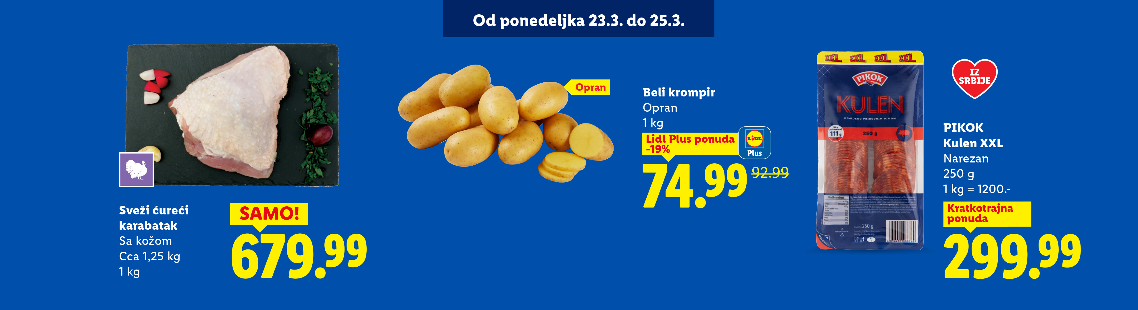 Reklama za sveži ćureći karabatak, beli krompir i kulen, sa cenama i popustima.